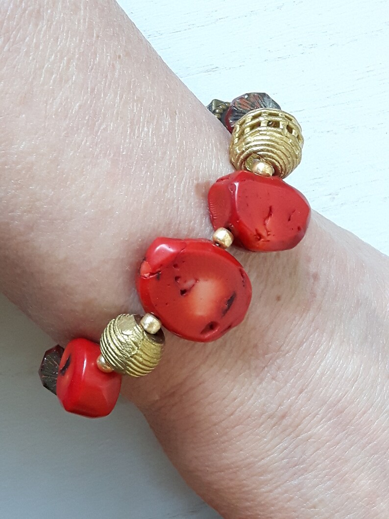 African Pearls and Czech Republic Red Boho bracelet for women Gold Gift for her Declaration Gift Valentine/'s Gift