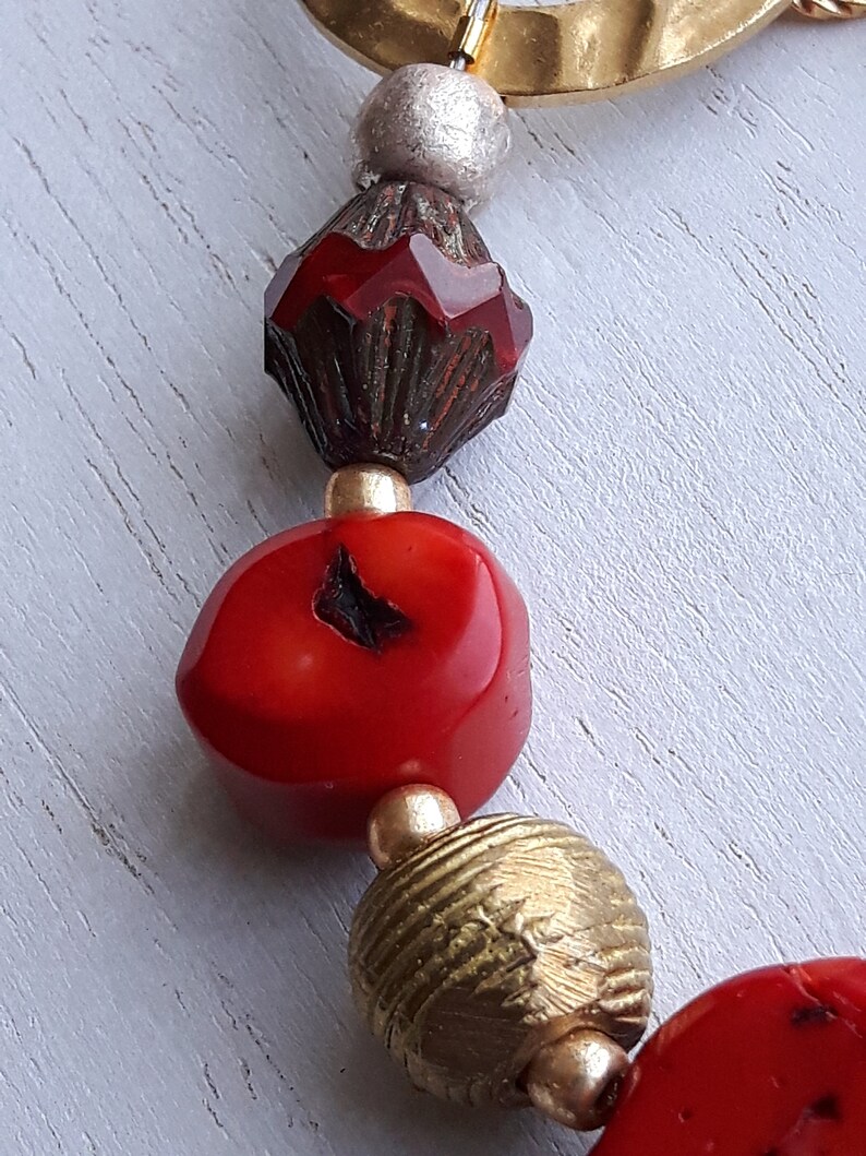African Pearls and Czech Republic Red Boho bracelet for women Gold Gift for her Declaration Gift Valentine/'s Gift