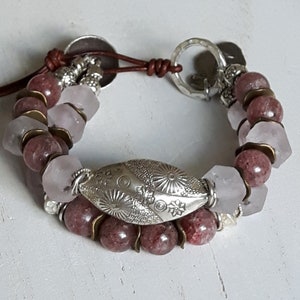 Angelica Muscovite Strap from Madagascar, Boho chic Bracelet, Indonesian Sea Glass, Karen Hill Tribe fine silver, tinplate, Leather