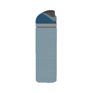 May include: A light blue insulated water bottle with a dark blue and gray cap. The bottle has a textured appearance and a silver band near the top. The design is simple and modern, suitable for outdoor activities.
