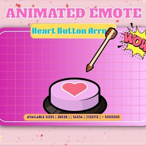 Może przedstawiać: Animowana grafika emotikonu z różowym przyciskiem w kształcie serca z czerwonym sercem pośrodku i strzałką wskazującą na niego. Tekst "WOW!" znajduje się w żółtym wybuchu. Obraz zawiera również tekst "ANIMATED EMOTE" i "Heart Button Arrow".