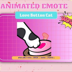 Puede incluir: Emoticono animado que muestra una pata de gato presionando un botón rosa en forma de corazón sobre un pastel rosa. El texto "Love Button Cat" se muestra encima de la imagen. La palabra "WOW!" está en una explosión amarilla.