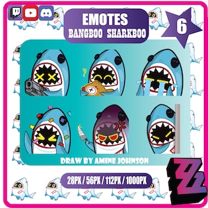 May include: A set of six cartoon shark emotes with various expressions, including holding a gun, crying, and angry. The text "EMOTES BANGBOO SHARKBOO" is displayed above the images, with "DRAW BY AMINE JOHNSON" below. The image also includes size specifications.