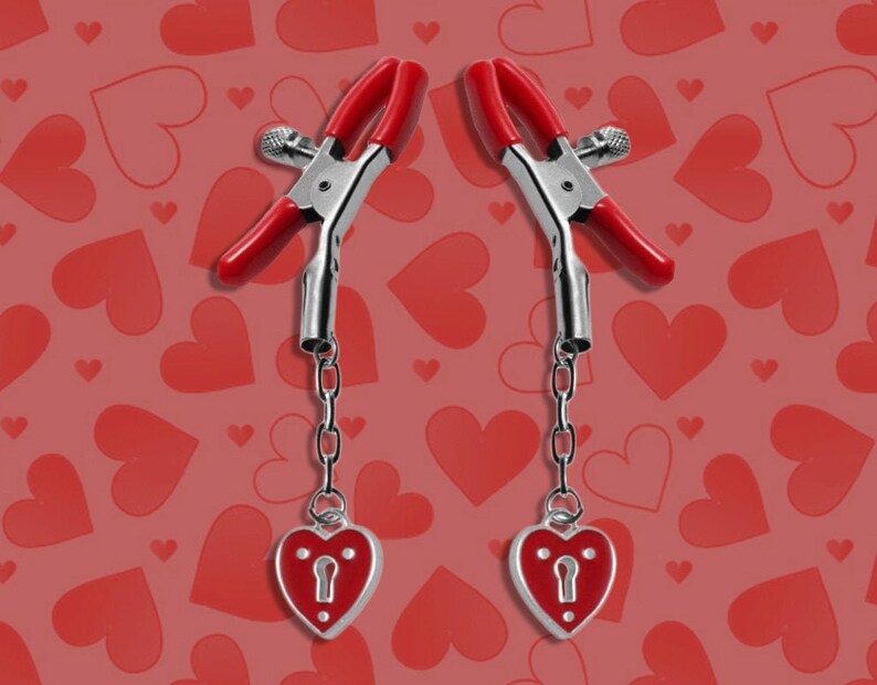 Sweetheart Nipple Clamps with Dangle Heart Lockets BDSM Bondage ABDL Fetish DDLG Dominatrix Mistress Masochist Dungeon Punk Goth Sex Sadist 