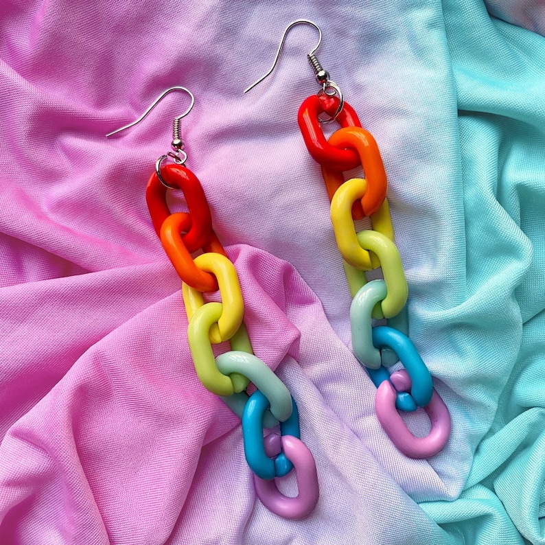 Rainbow Pride Chain Earrings / Acrylic Dangle Kawaii Queer LGBTQ gay lesbian transgender bisexual bdsm bondage punk kinky drag queen 