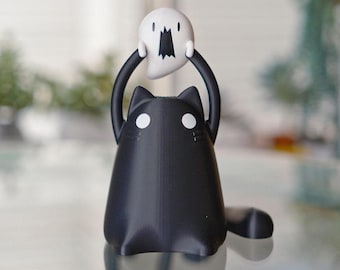 Chubby Cat Holding A Ghost Lamp, Halloween Kitty Figurine LED Nightlight Decoration, Cute October Desk Figure, Spooky Trick-or-Treating