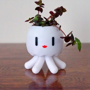 May include: White ceramic planter shaped like an octopus with a happy face and red lips. The planter has a small plant with green and burgundy leaves growing inside.