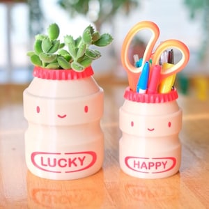 May include: Two decorative containers, shaped like bottles, with smiling faces and the words "LUCKY" and "HAPPY" in red. One holds a succulent plant, the other pens and scissors. The containers have a pink and red color scheme.