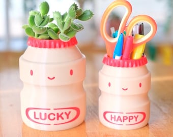 Yakult Planter or Pen Pencil Holder, Yogurt Drink Stationery Organizer, Kawaii Customisable Succulent Pot, Personalised Name Office Decor