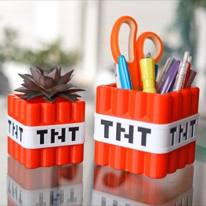 Könnte beinhalten: Zwei rote, blockförmige Stiftehalter im Minecraft-Stil. Ein Halter hat eine kleine Sukkulente darin. Beide Halter haben ein weißes Band mit dem Text "THT" in Schwarz.