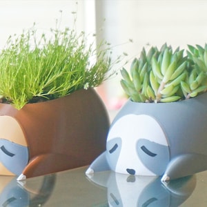 May include: Two ceramic sloth planters, one brown and one grey, with green plants growing out of the top. The sloths have closed eyes and are lying down.