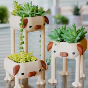 Pug Planter, Long Leg Dog Lover Decor Funny Gift, Pet Puppy Pot Best friend Animal Decor Curly Tail, Office Desk Doggo with Long Legs LOL