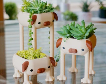 Pug Planter, lange benen hond minnaar decor grappig cadeau, huisdier puppy pot beste vriend dieren decor krullende staart, bureau Doggo met lange benen LOL