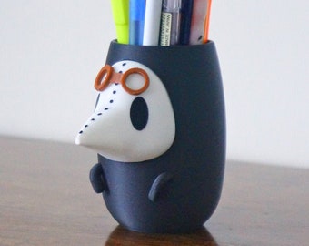 Plague Doctor Planter or Pen Pencil Holder, Black Death Desk Decor, Office Supply Organizer, Gothic Cute Bird Mask Plant Pot