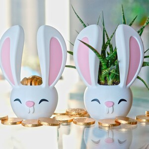 May include: Two white bunny-shaped planters with pink ears. One planter contains a small green plant, and the other has gold coins. Both planters are on a glass table with more gold coins scattered around them.