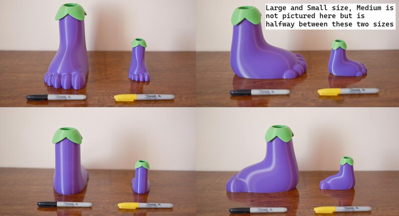 May include: Three purple eggplant-shaped pencil holders with green tops. The holders are in three different sizes: small, medium, and large. The text "Large and Small size, Medium is not pictured here but is halfway between these two sizes" is written on a white background.