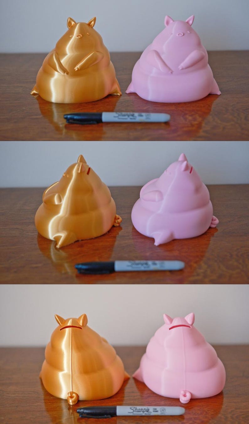 May include: Two piggy banks, one gold and one pink, are sitting on a wooden surface. Both piggy banks are in a seated position with their legs crossed.