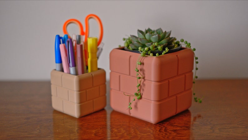 Pu&ograve; includere: Due contenitori in terracotta a forma di mattone. Il contenitore a sinistra contiene penne e matite, mentre il contenitore a destra contiene una piccola pianta succulenta con viti rampicanti.