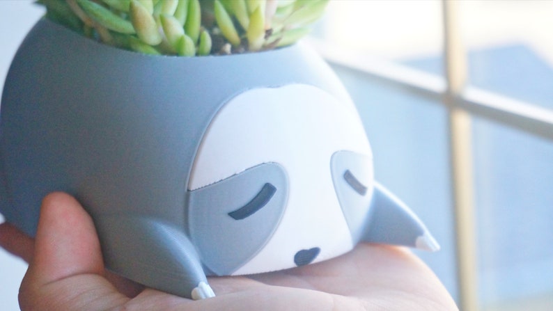 May include: A gray ceramic planter shaped like a sleeping sloth with a white face and black eyes. The planter is holding a small succulent plant.