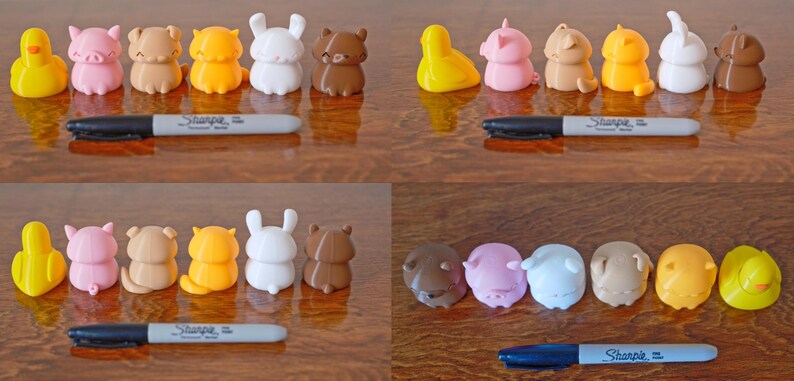 Peut inclure: Un ensemble de 10 petites figurines d'animaux imprim&eacute;es en 3D, de couleurs vives. Les animaux comprennent un cochon, un lapin, un ours, un canard et un chat. Les figurines sont dispos&eacute;es en deux rang&eacute;es de cinq, les animaux faisant face &agrave; l'avant. Les figurines sont faites d'un mat&eacute;riau lisse, semblable au plastique.