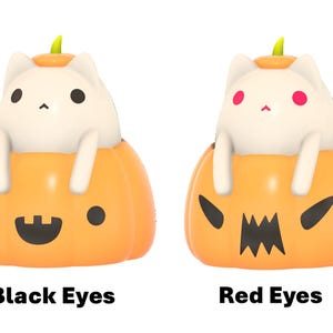 May include: Two Halloween-themed figurines. Each features a white cat sitting inside an orange pumpkin. One cat has black eyes and a smiling mouth, the other has red eyes and a scary mouth. The text "Black Eyes" and "Red Eyes" is below the figurines.
