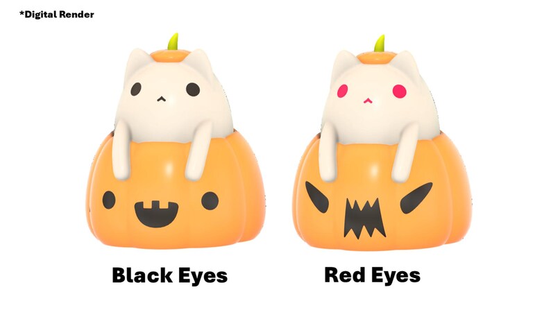 May include: Two Halloween-themed figurines. Each features a white cat sitting inside an orange pumpkin. One cat has black eyes and a smiling mouth, the other has red eyes and a scary mouth. The text "Black Eyes" and "Red Eyes" is below the figurines.