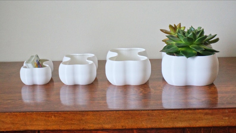 May include: Four white ceramic planters of varying sizes, with a succulent plant in the largest planter.