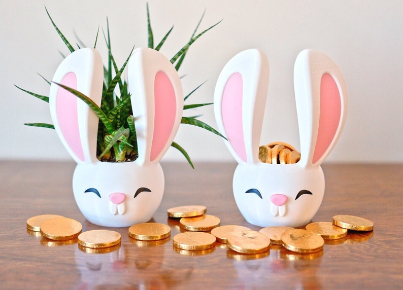 May include: Two white bunny-shaped planters with pink ears. One planter has a green succulent plant inside, and the other planter has gold coins inside. There are gold coins scattered on the wooden surface.