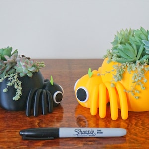 May include: Two spider-shaped planters, one black and one yellow, each filled with succulents. The black planter has black legs and the yellow planter has yellow legs. A black Sharpie marker lies in front of the planters.