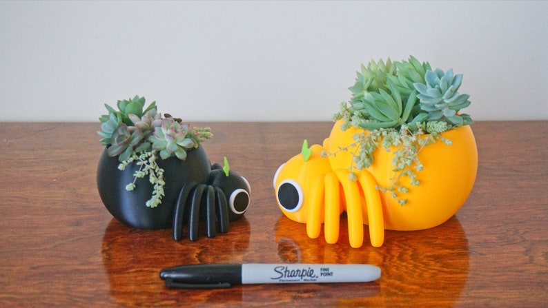 May include: Two spider-shaped planters, one black and one yellow, each filled with succulents. The black planter has black legs and the yellow planter has yellow legs. A black Sharpie marker lies in front of the planters.