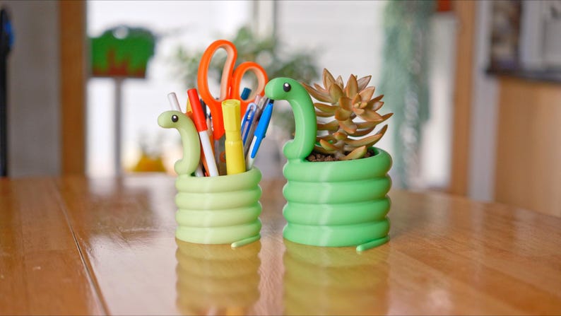 May include: Two whimsical, snake-shaped desk organizers. One holds pens, markers, and scissors. The other is a small planter with a succulent. Both are light green and sit on a wooden surface.