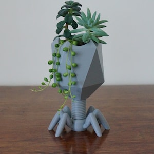 May include: A gray geometric planter shaped like a bacteriophage with three legs and a round top. The planter is filled with green succulents.