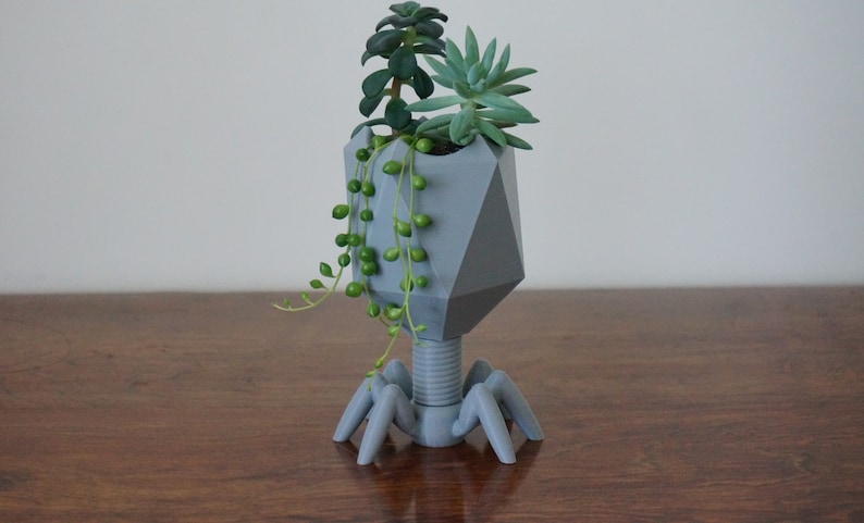 May include: A gray geometric planter shaped like a bacteriophage with three legs and a round top. The planter is filled with green succulents.