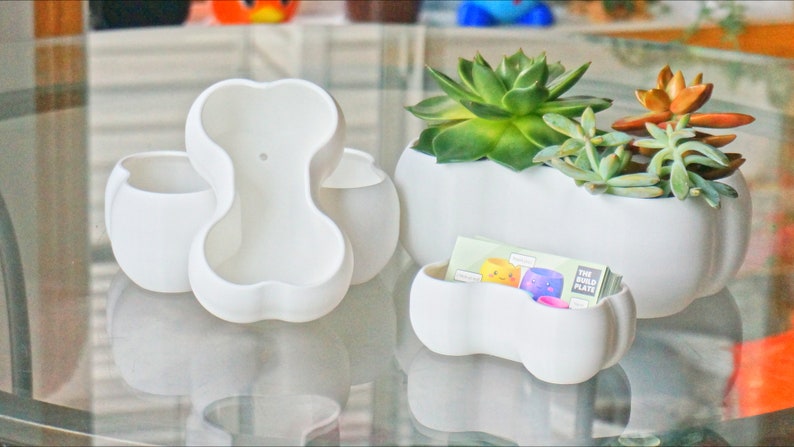 May include: Four white ceramic planters shaped like bones, with two smaller planters and one larger planter. The larger planter has a variety of succulents growing in it.