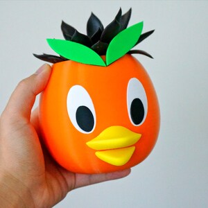 May include: Orange ceramic planter shaped like a duck with black eyes, a yellow beak, and green leaves on top.