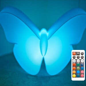 May include: A blue butterfly-shaped lamp with a remote control. The lamp emits a soft, glowing light, and the remote features various color options. The lamp's wings are spread wide, and the body is centered. The remote control is white with multiple buttons.