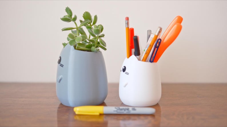 May include: Two cat-shaped containers, one light blue with a succulent plant and the other white with pens, pencils, and scissors. A yellow and gray Sharpie marker rests in front of them. The containers have black eyes and whiskers.