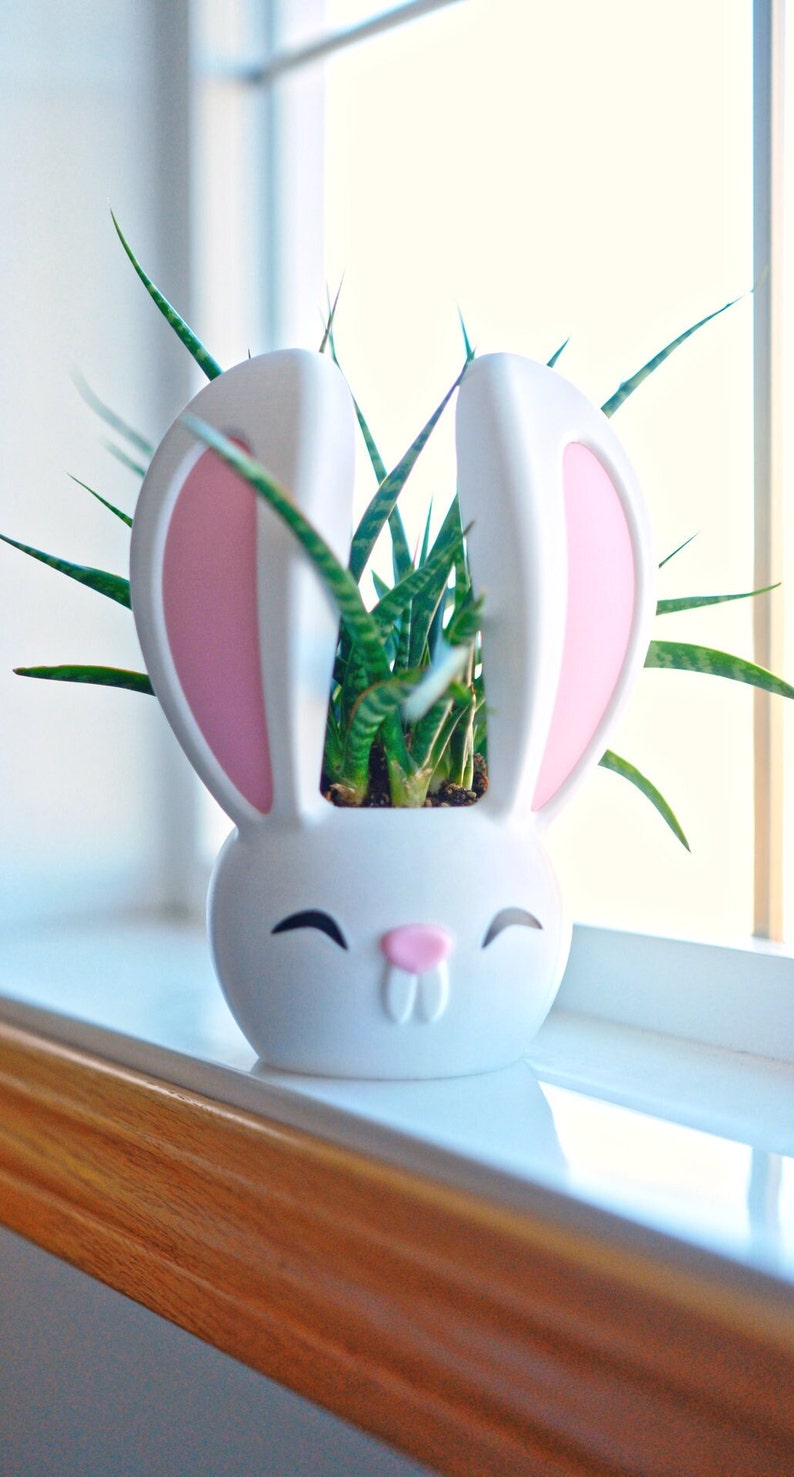 May include: A white ceramic bunny planter with pink ears and a painted face, holding a green succulent plant.