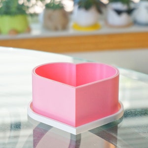 Puede incluir: Una maceta de coraz&oacute;n rosa con una base blanca. La maceta est&aacute; hecha de pl&aacute;stico y tiene un acabado liso.