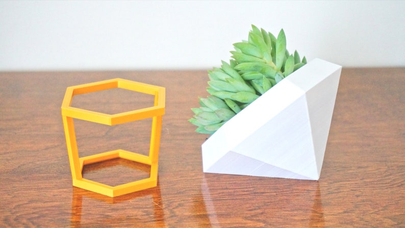 May include: Two geometric planters, one a white diamond shape and the other a yellow hexagonal frame. The diamond planter has a succulent plant growing inside.