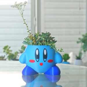 Puede incluir: Un macetero de personaje azul y rojo con una cara linda, que contiene una variedad de suculentas verdes y una planta con flores blancas.