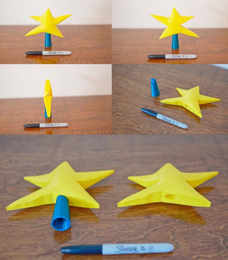 May include: A yellow star-shaped Christmas tree topper with a blue plastic base. The topper is shown from different angles, including a close-up of the base.