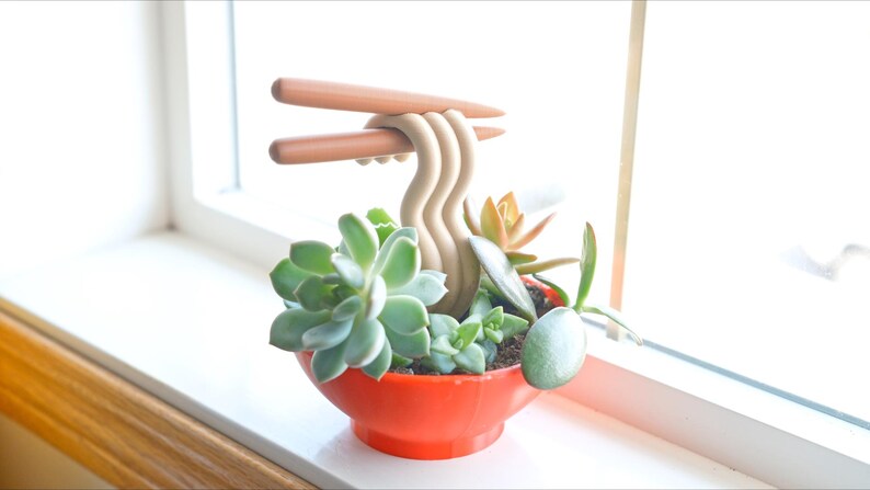 May include: A whimsical succulent arrangement in a bright orange bowl, featuring a beige noodle sculpture and wooden chopsticks. The bowl is filled with various green succulents and sits on a white windowsill.
