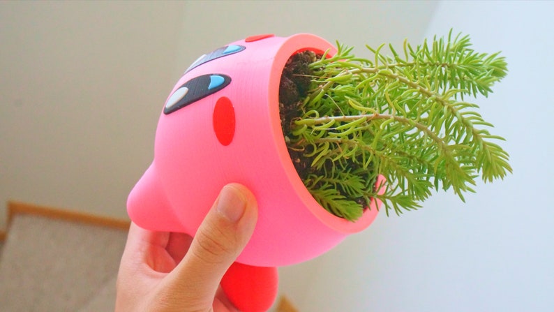 May include: A pink 3D printed planter shaped like a cartoon character with a green succulent plant growing out of the top.