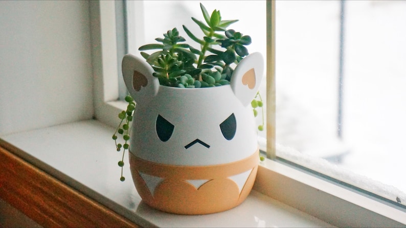 May include: White ceramic planter shaped like a cartoon animal with angry eyebrows and a frown. The planter has pink heart-shaped ears and a light orange bottom. The planter is filled with green succulents.