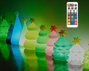 RC Mini LED Desk Christmas Tree, 5 styles Light-Up Cute Kawaii Table Accent Decoration, Office Holiday Seasonal Winter Decor Nightlight Lamp