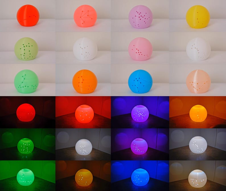 May include: A collection of spherical decorative lamps in various colors, including orange, pink, and green. Each lamp has a constellation pattern of small holes. The bottom row shows the lamps illuminated with different colored lights.