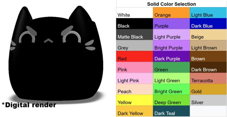 May include: A digital rendering of a black cat-shaped object with white eyes and a frown. The image includes a color chart with various color options for the object.