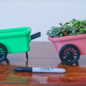 May include: Two miniature wheelbarrows, one green and one pink, with black wheels and handles. The pink wheelbarrow has a small succulent plant inside.