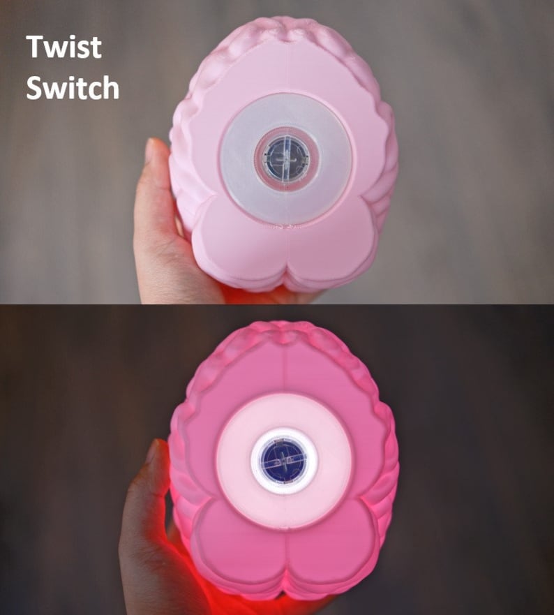 May include: A pink, flower-shaped night light with a twist switch. The light has a central circular area with a compass-like design. The text "Twist Switch" is visible. The light glows red when turned on.